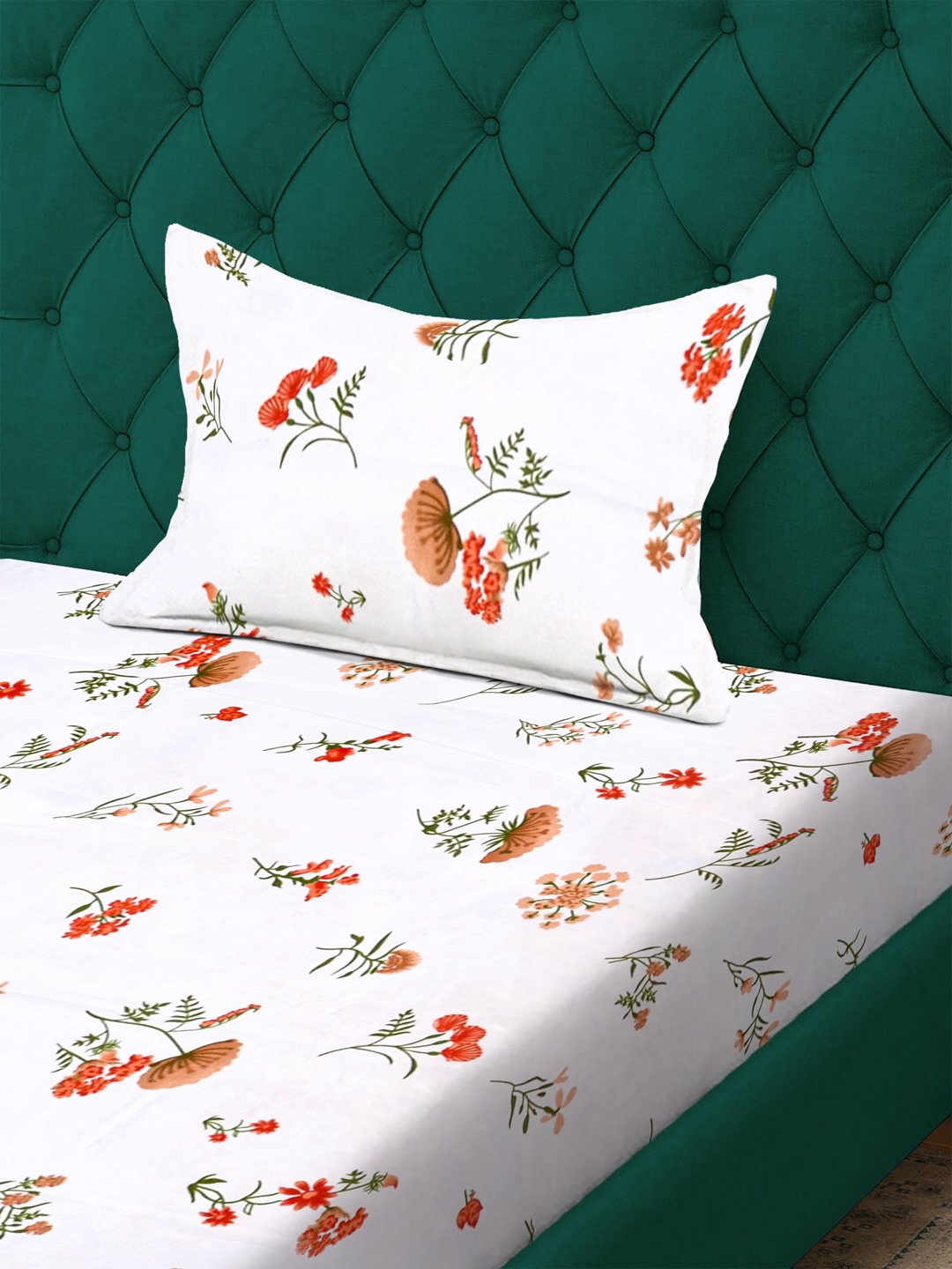 White Floral 300 TC Cotton Blend Fitted Single Bedsheet with Pillow Cover