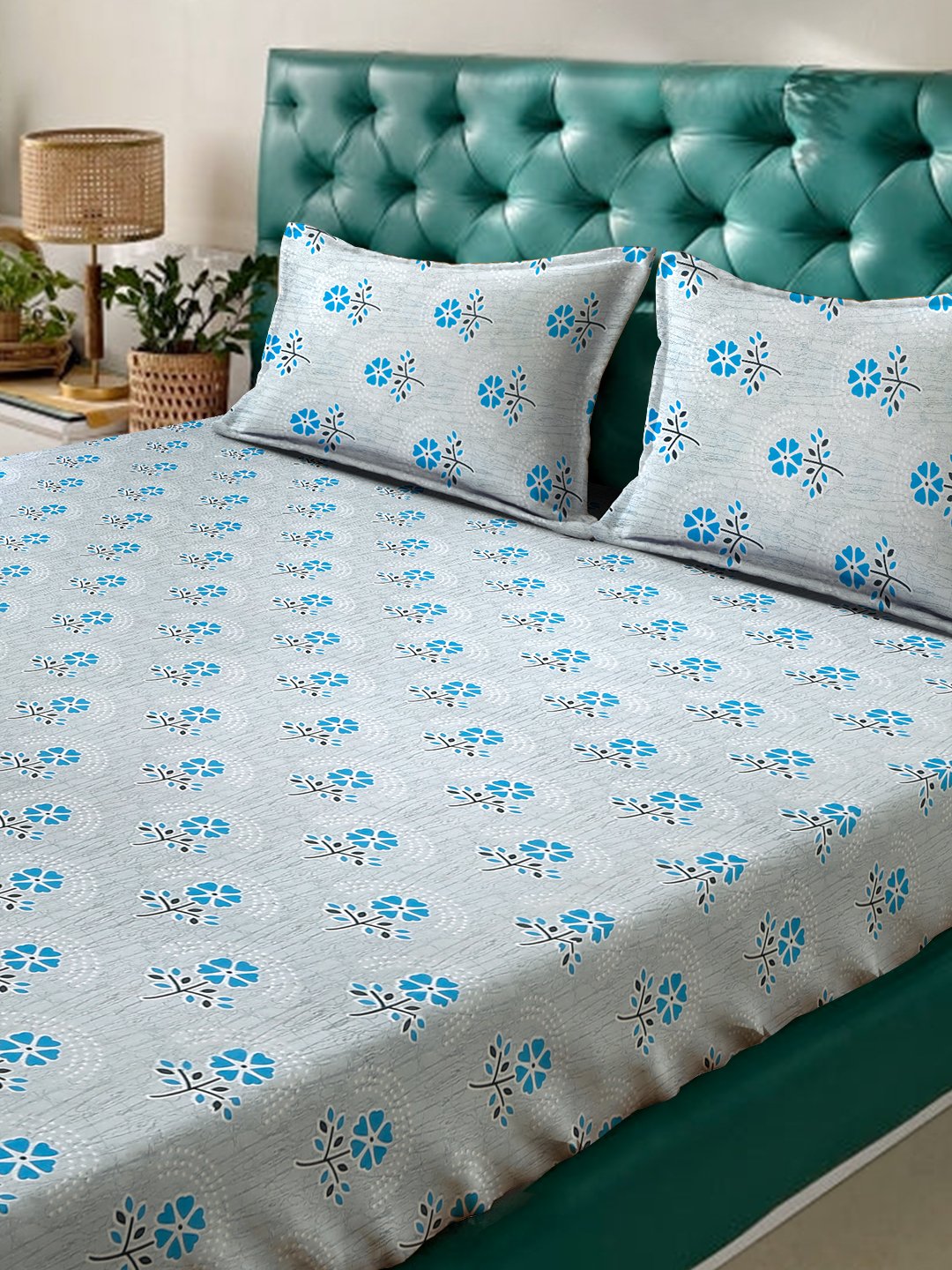 Blue Floral 400 TC Pure Cotton Double Bedsheet with 2 Pillow Covers