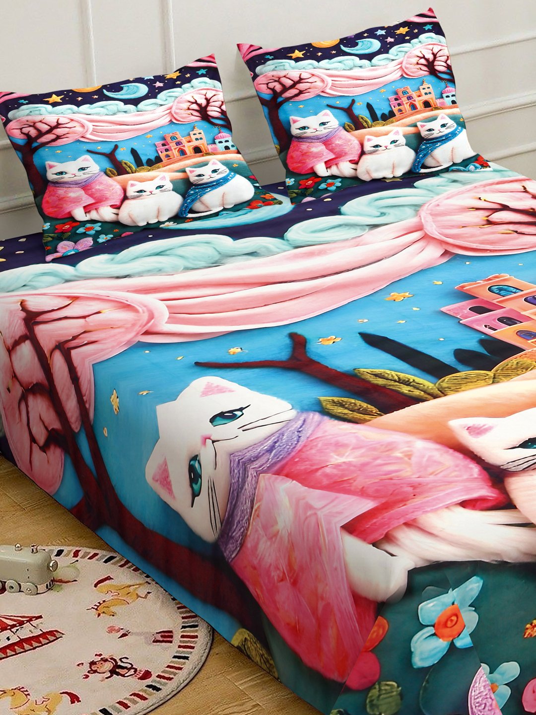 Multi Cartoon Characters 7D King Size Cotton Blend Double Bedsheet with 2 Pillow Covers