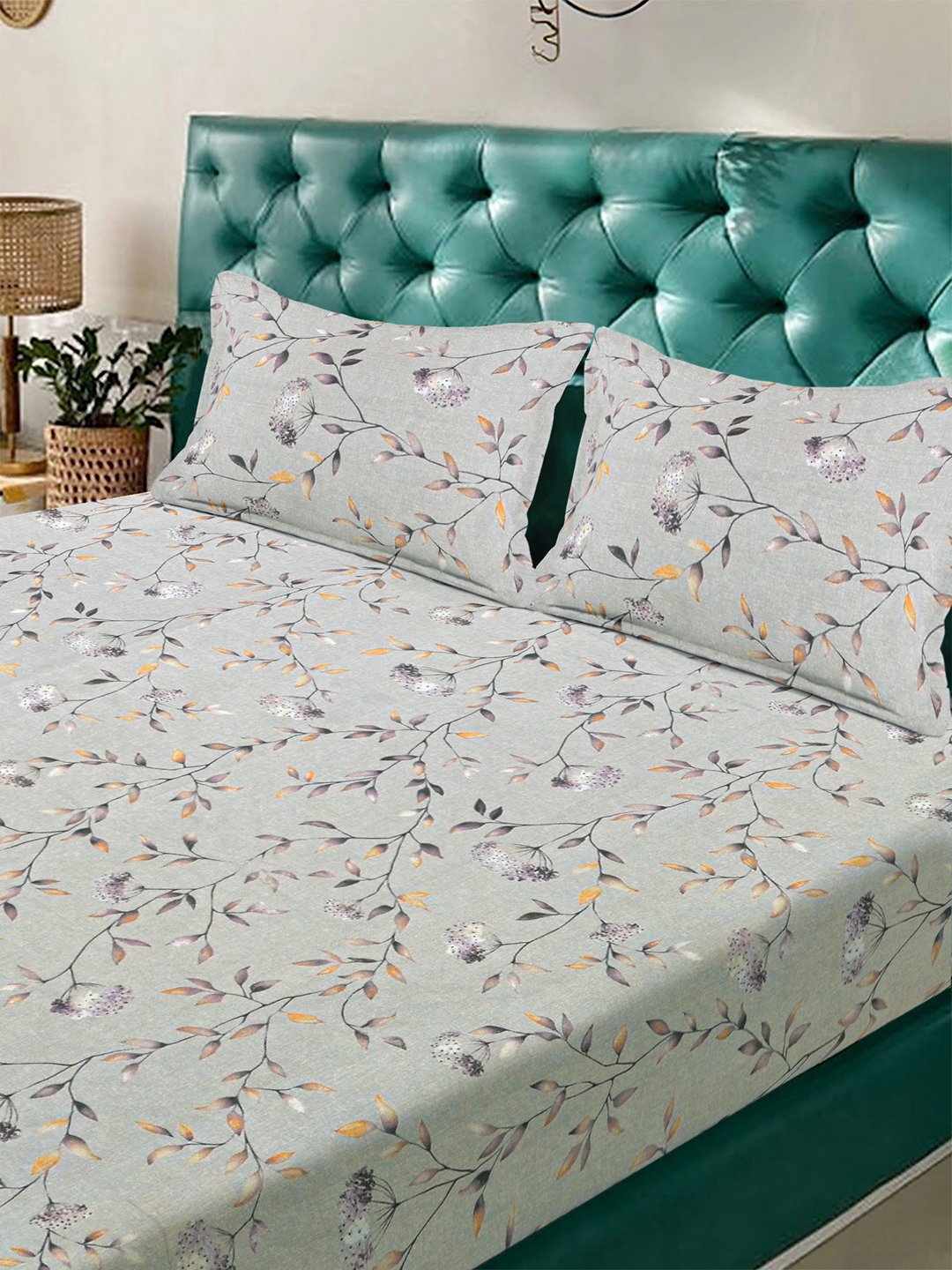 Grey Floral 300 TC Cotton Blend Double Bedsheet with 2 Pillow Covers