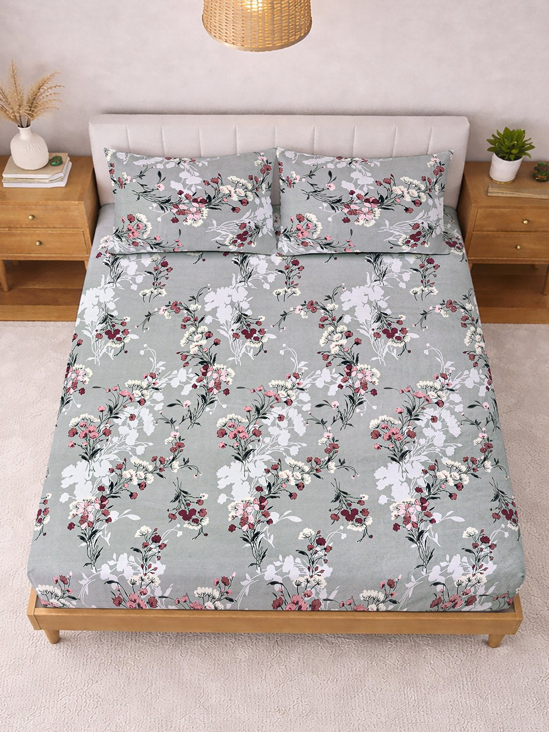 Grey Floral Cotton Blend Double Bedsheet with 2 Pillow Covers