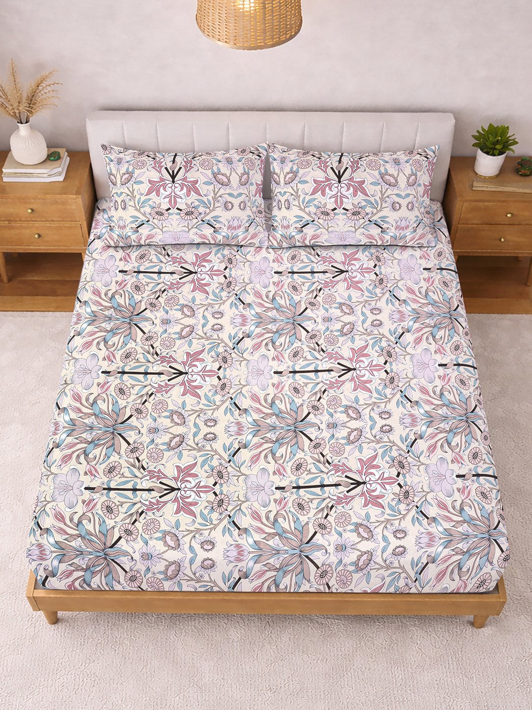 Multi Floral Cotton Blend Double Bedsheet with 2 Pillow Covers