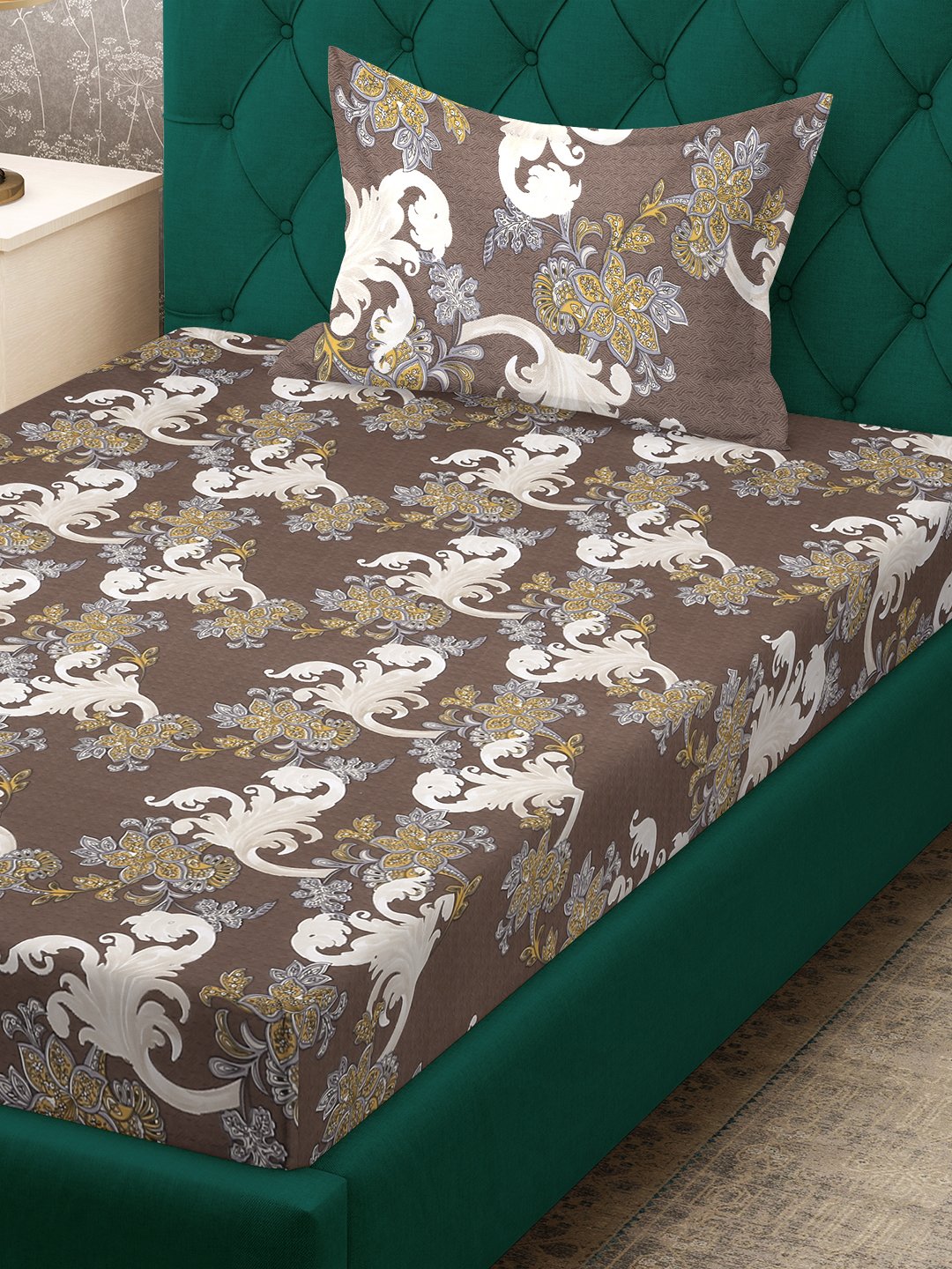 Brown Floral 300 TC Cotton Blend Fitted Single Bedsheet Set in Book Fold Packing