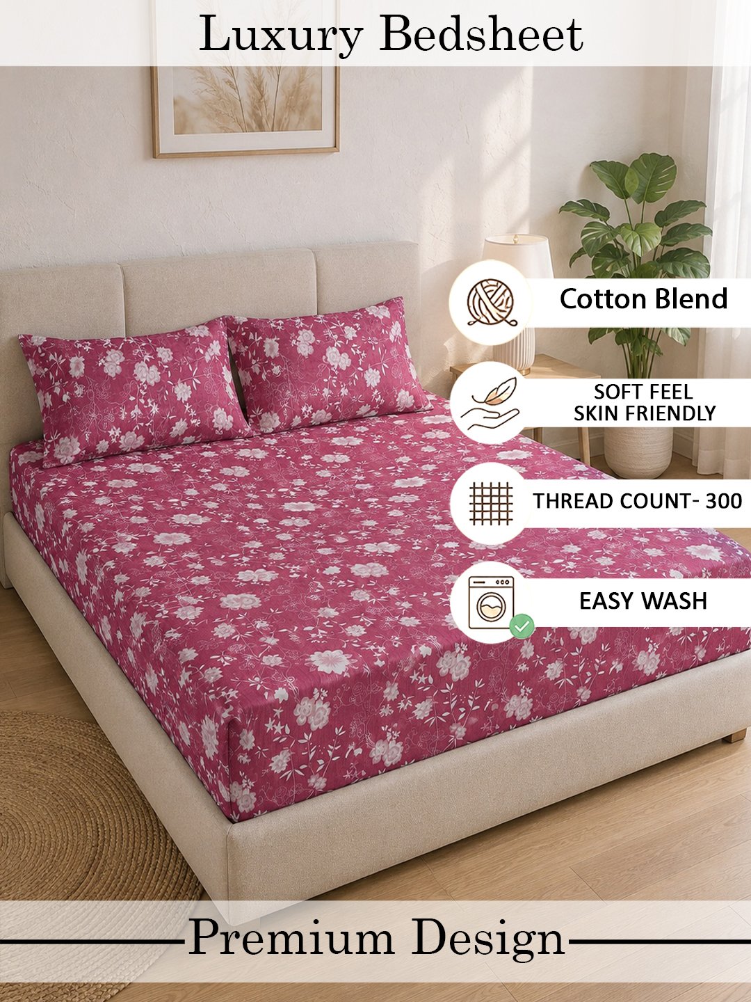 Pink Floral Cotton Blend Fitted Double Bedsheet with 2 Pillow Covers