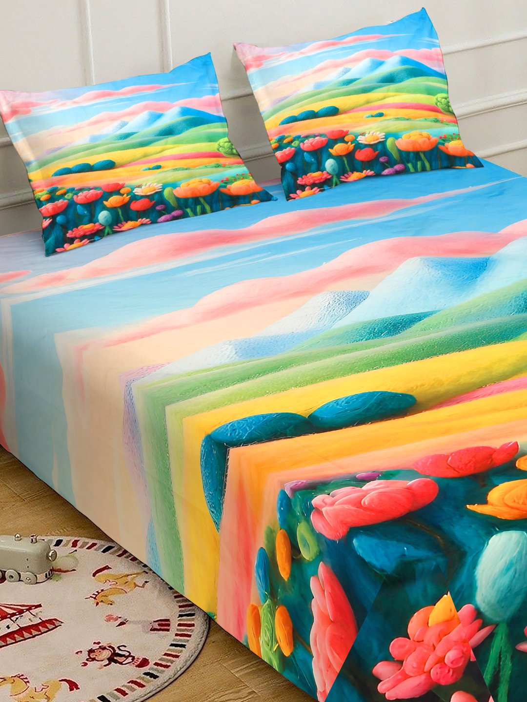 Multi Cartoon Characters 7D King Size Cotton Blend Fitted Double Bedsheet with 2 Pillow Covers