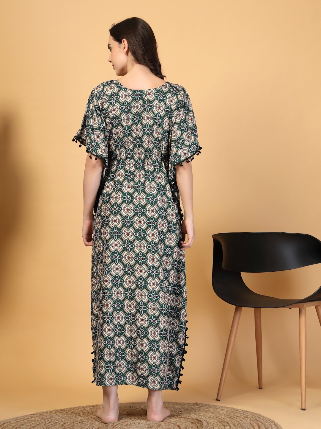 Green Floral Cotton Blend Kaftan Maxi Nightdress