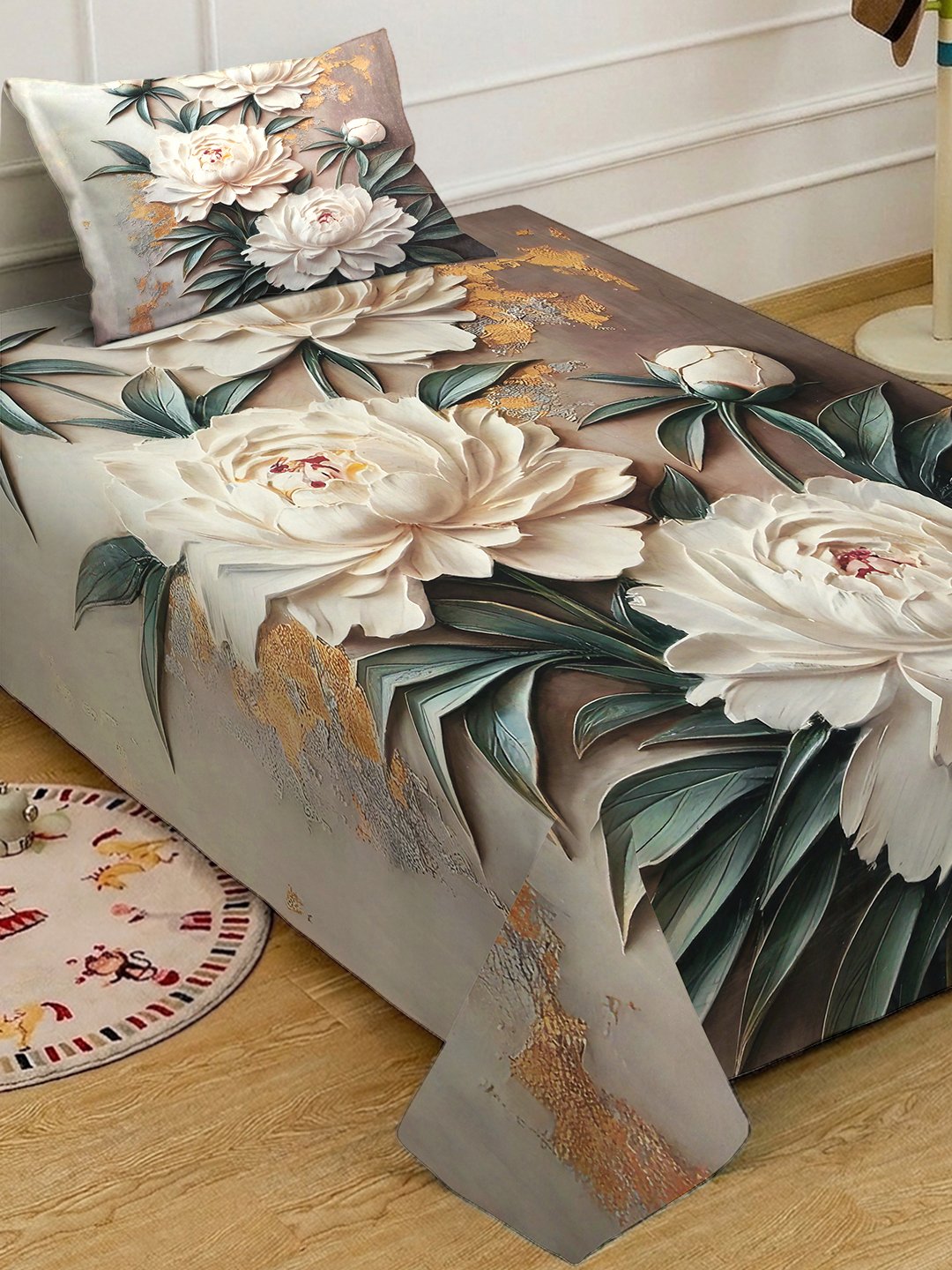 Brown Digital Floral Printed Cotton Blend Fitted Single Bedsheet with Pillow Cover