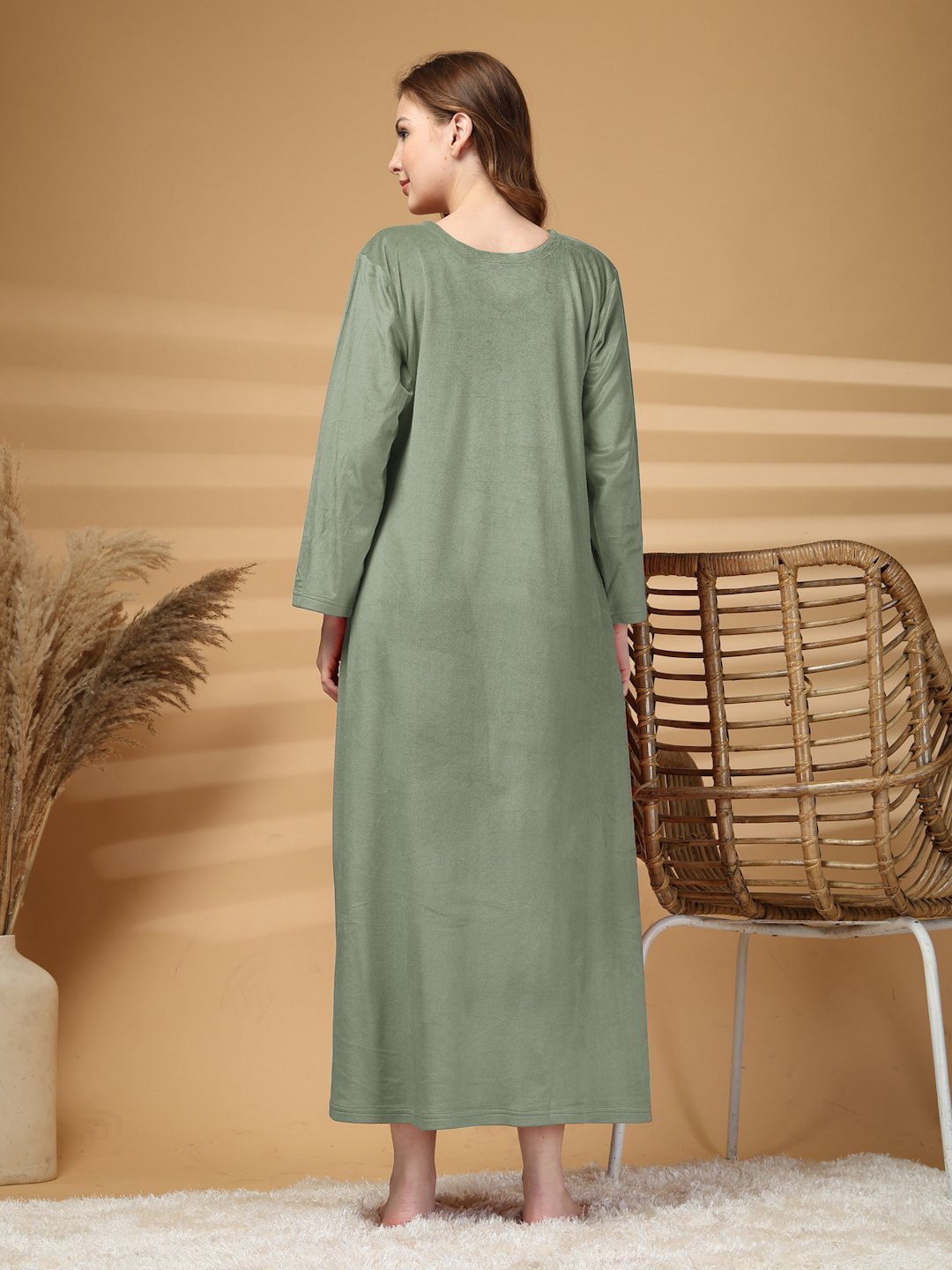 Klotthe Olive Solid Soft touch Velvet Maxi Nightdress