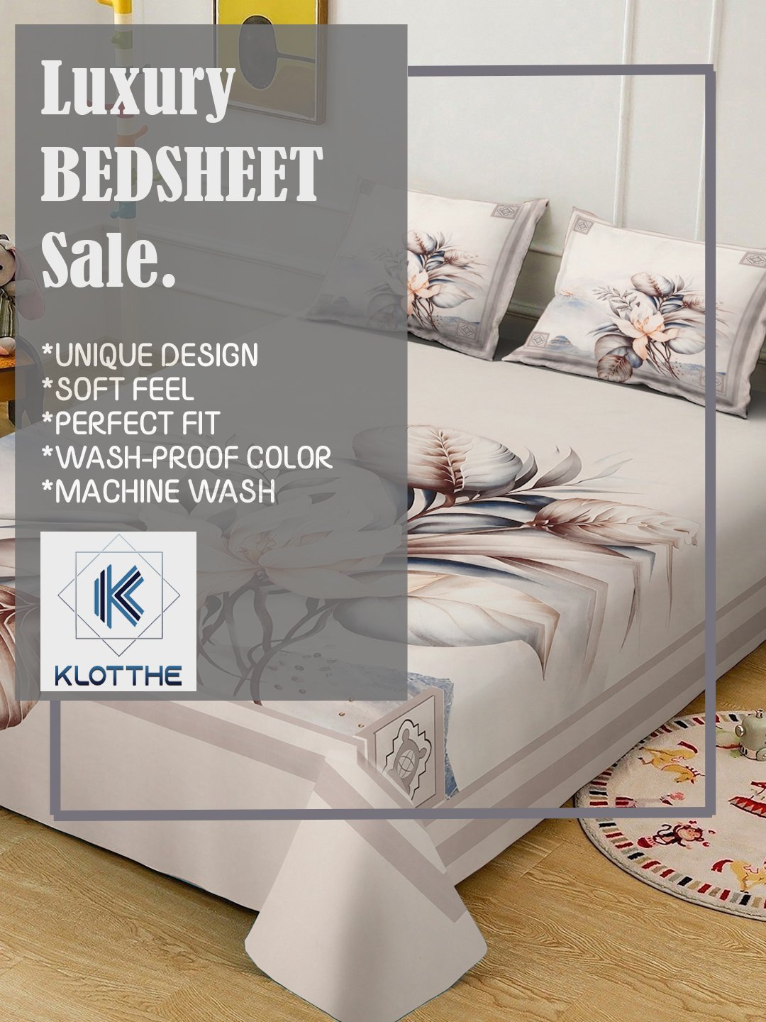 Cream Digital Floral Printed Cotton Blend Fitted Double Bedsheet with 2 Pillow Covers
