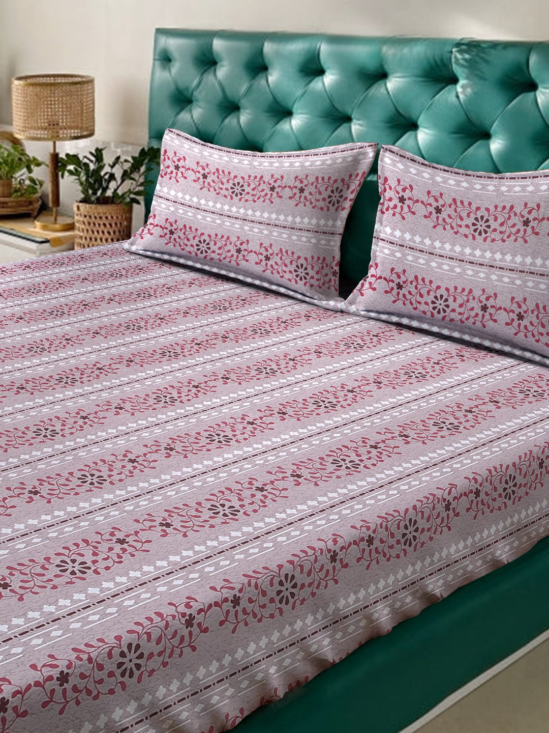 Pink Floral 400 TC Pure Cotton Fitted Double Bedsheet with 2 Pillow Covers