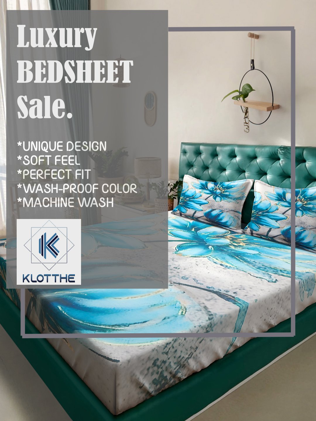 Turquoise Digital Floral Printed Cotton Blend Double Bedsheet with 2 Pillow Covers