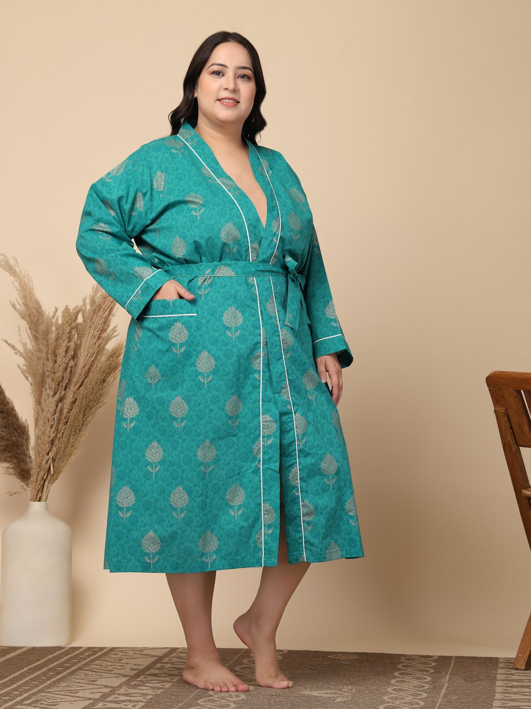 Women Printed Green Floral Plus Size Pure Cotton Bath Robe With Belt