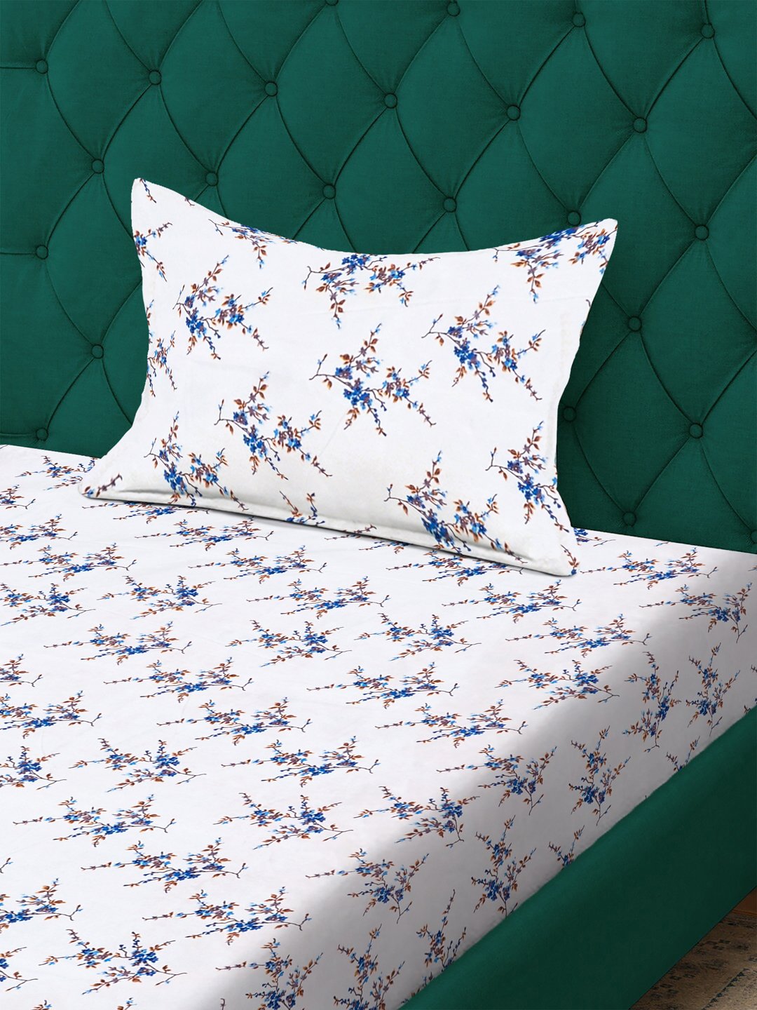 White Floral 300 TC Cotton Blend Fitted Single Bedsheet with Pillow Cover