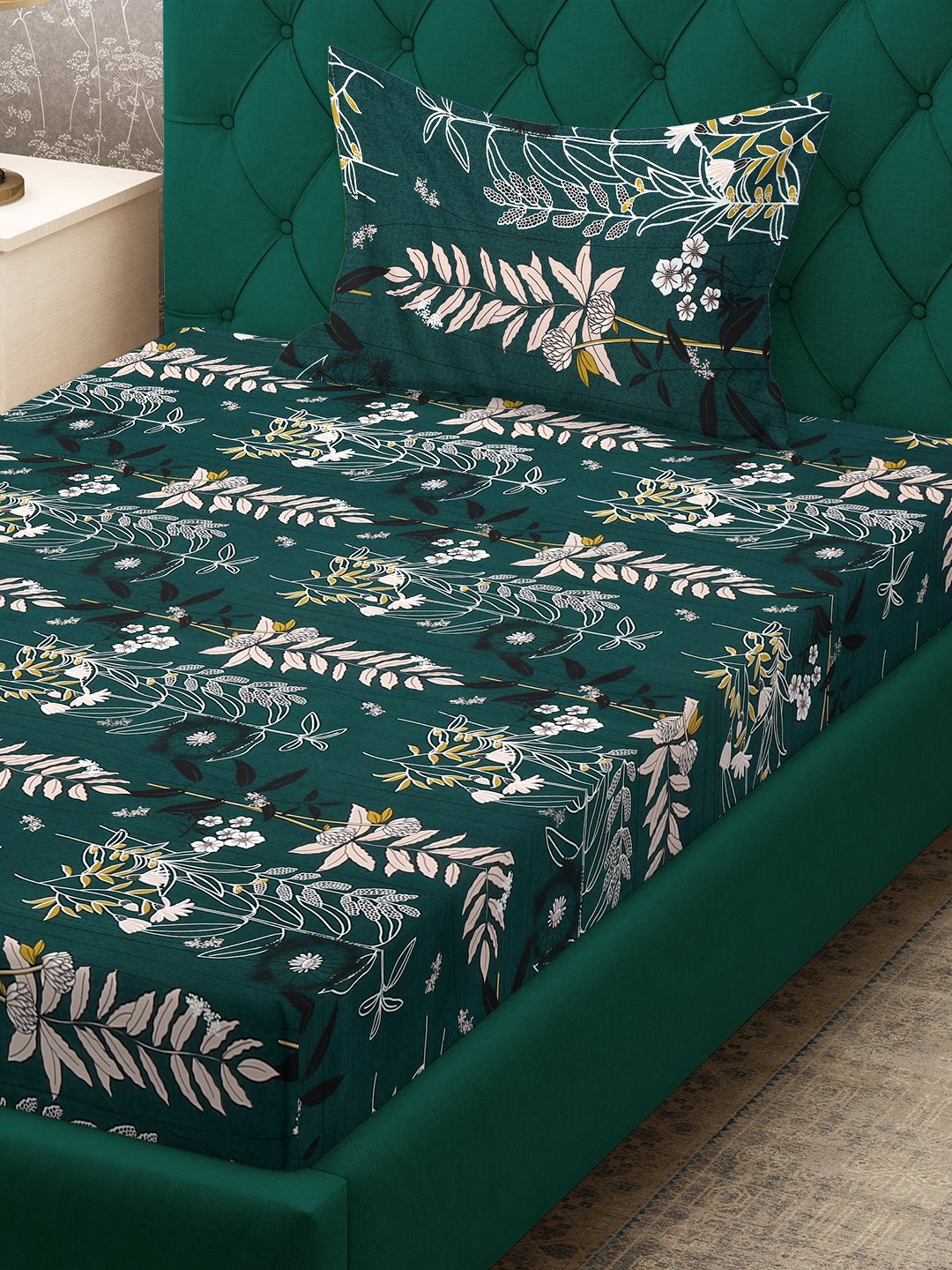 Green Floral 300 TC Cotton Blend Fitted Single Bedsheet Set in Book Fold Packing