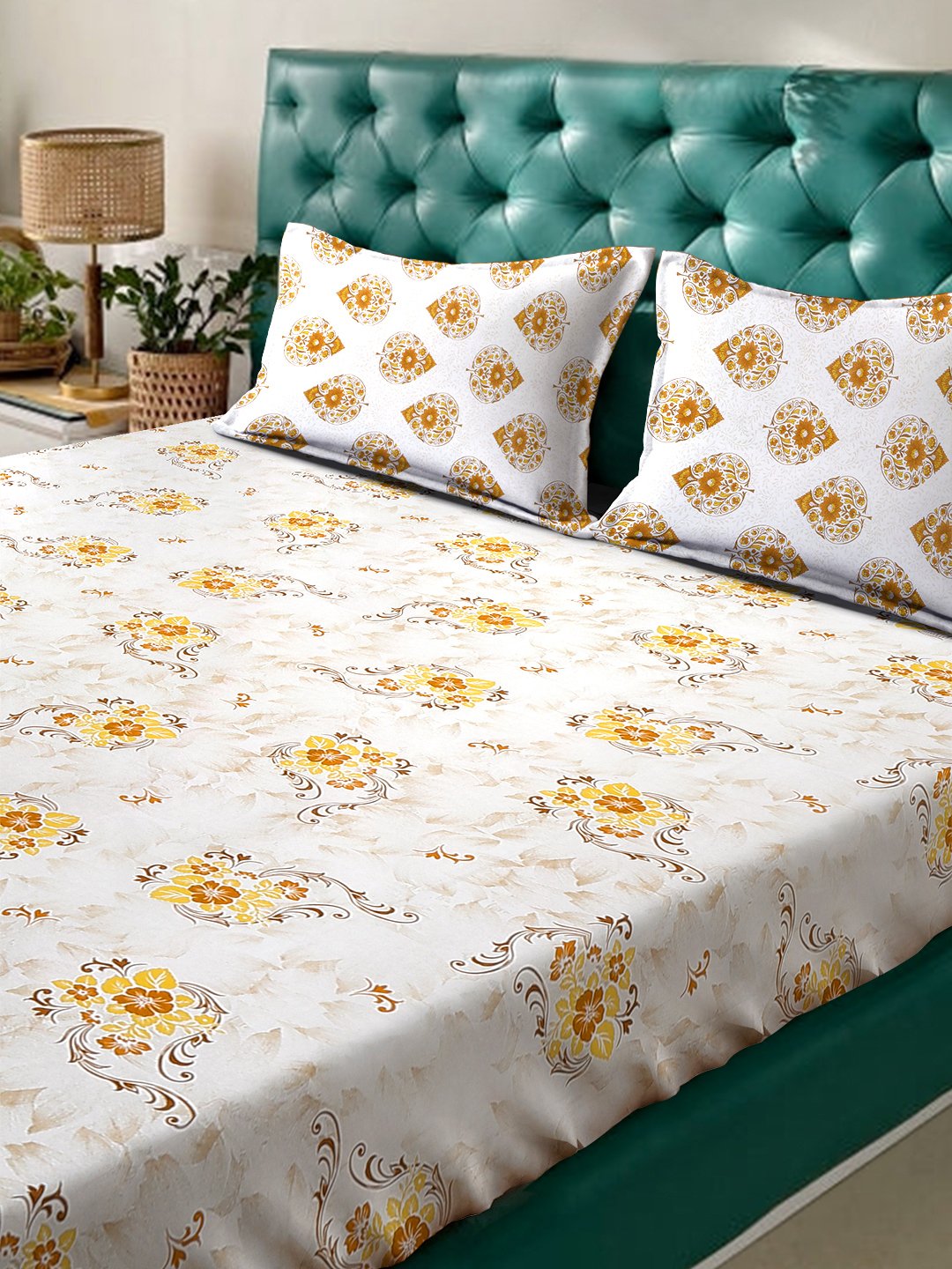 Yellow Floral 400 TC Pure Cotton Fitted Double Bedsheet with 2 Pillow Covers