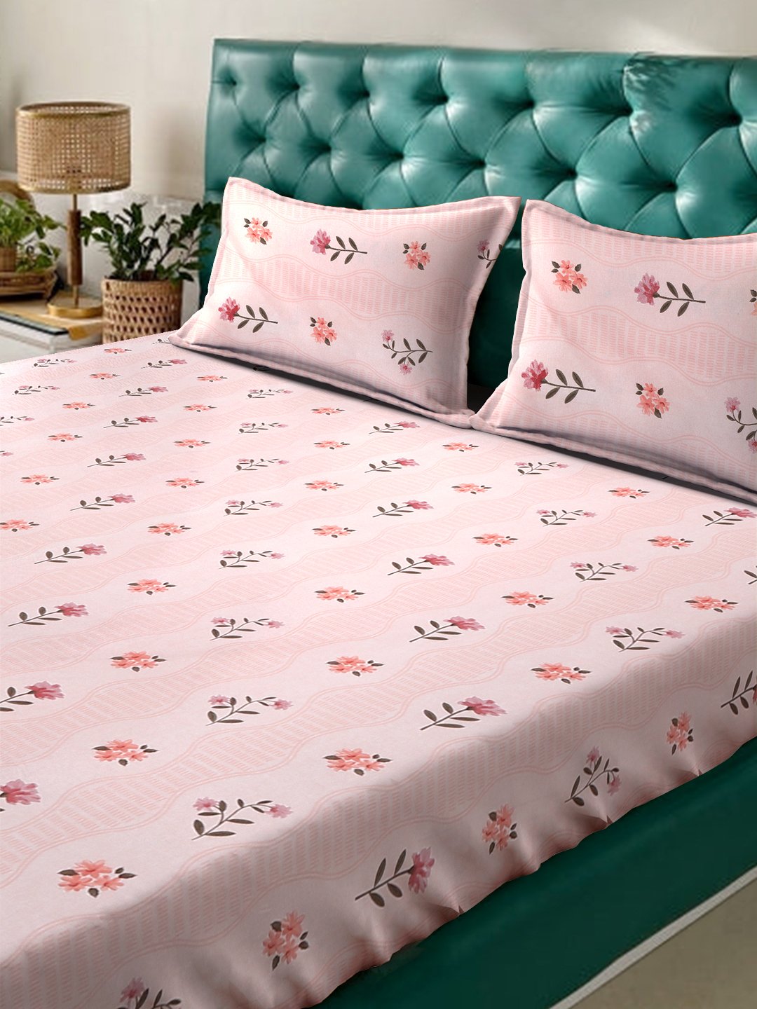 Book Fold Pink Floral 300 TC Cotton Blend Double Bedsheet with 2 Pillow Covers