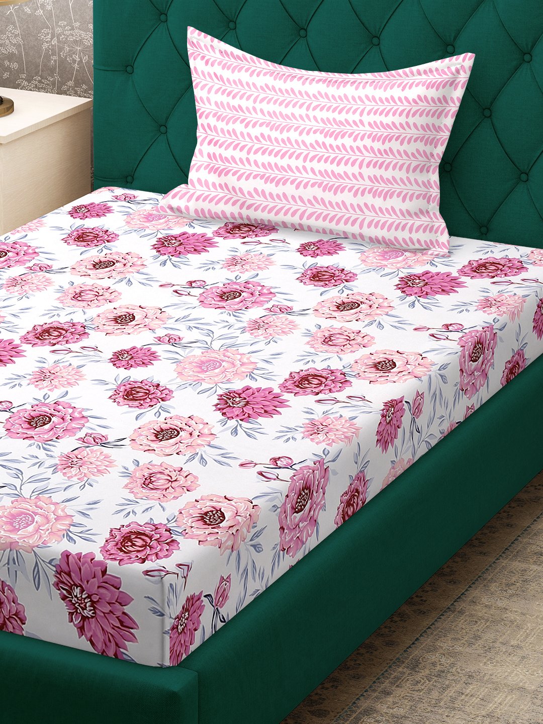 Pink Floral 300 TC Cotton Blend Single Bedsheet Set in Book Fold Packing