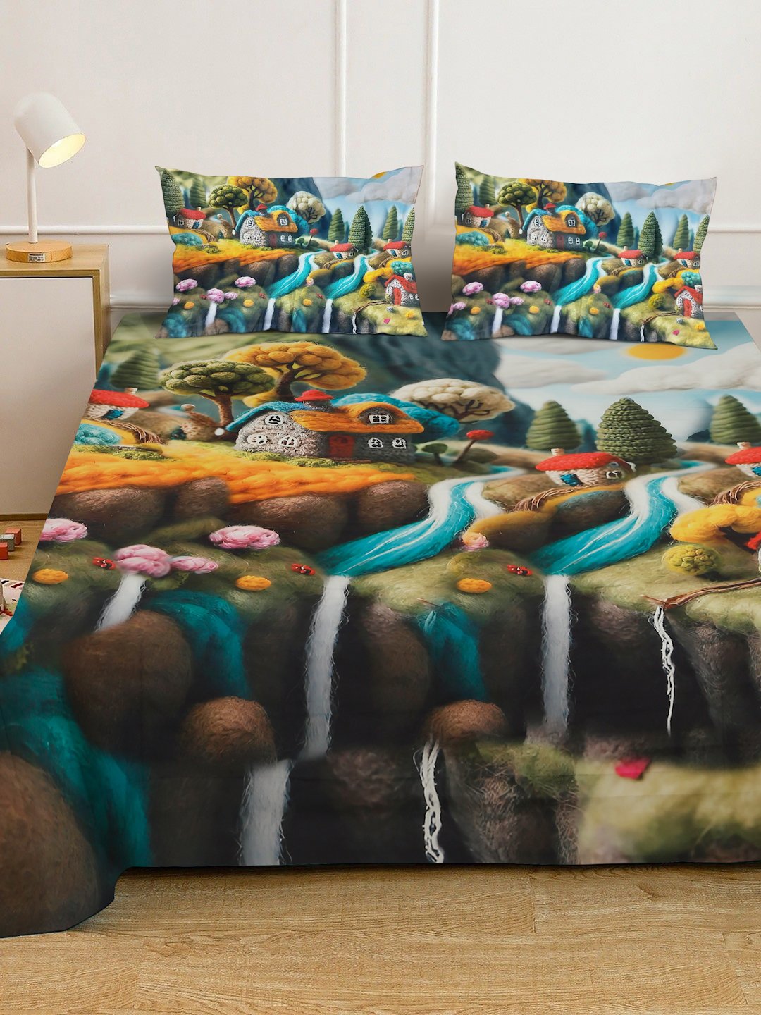 Multi 7D Cartoon Characters Printed Cotton Blend Double Bedsheet with 2 Pillow Covers