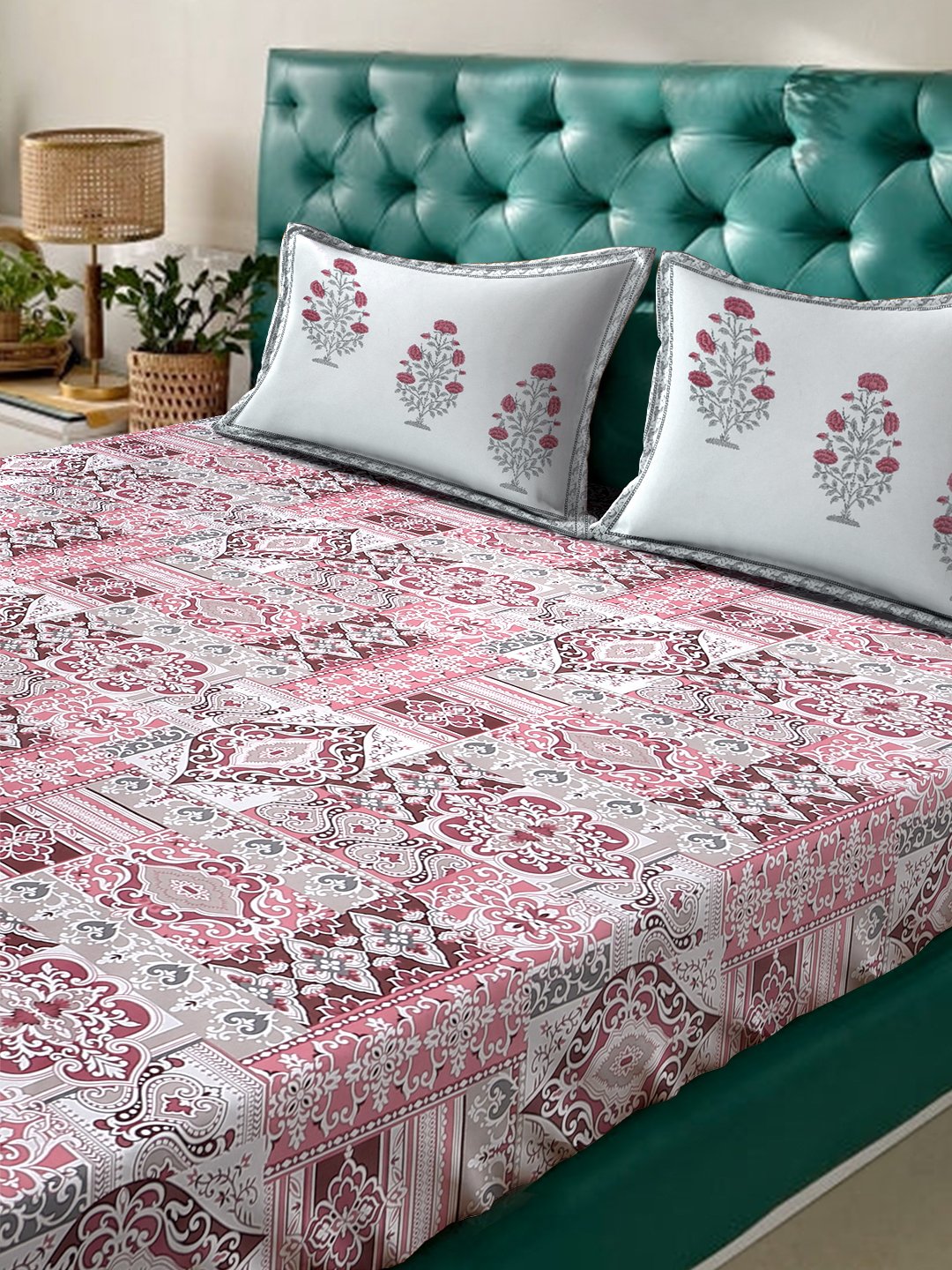 Red Ethnic Motifs 400 TC Pure Cotton Super King Fitted Double Bedsheet with 2 Pillow Covers