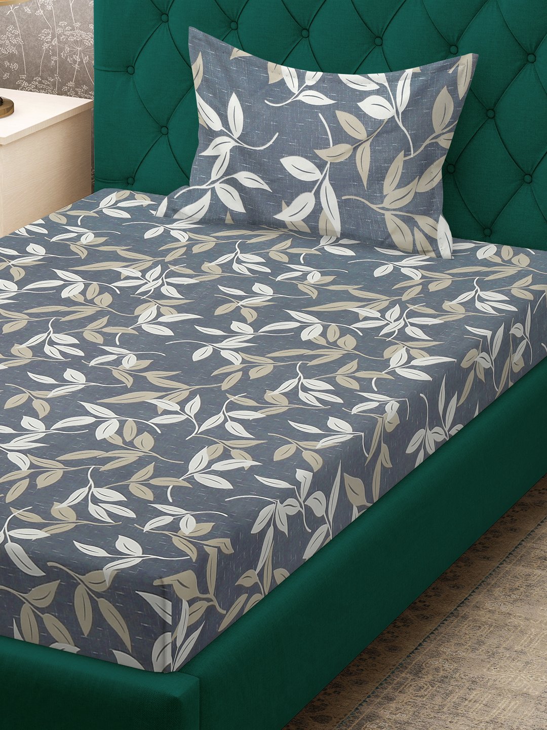 Grey Floral 300 TC Cotton Blend Fitted Single Bedsheet Set in Book Fold Packing
