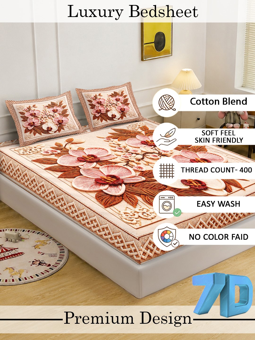 Digital Printed Multi Floral Cotton Blend Double Bedsheet with 2 Pillow Covers