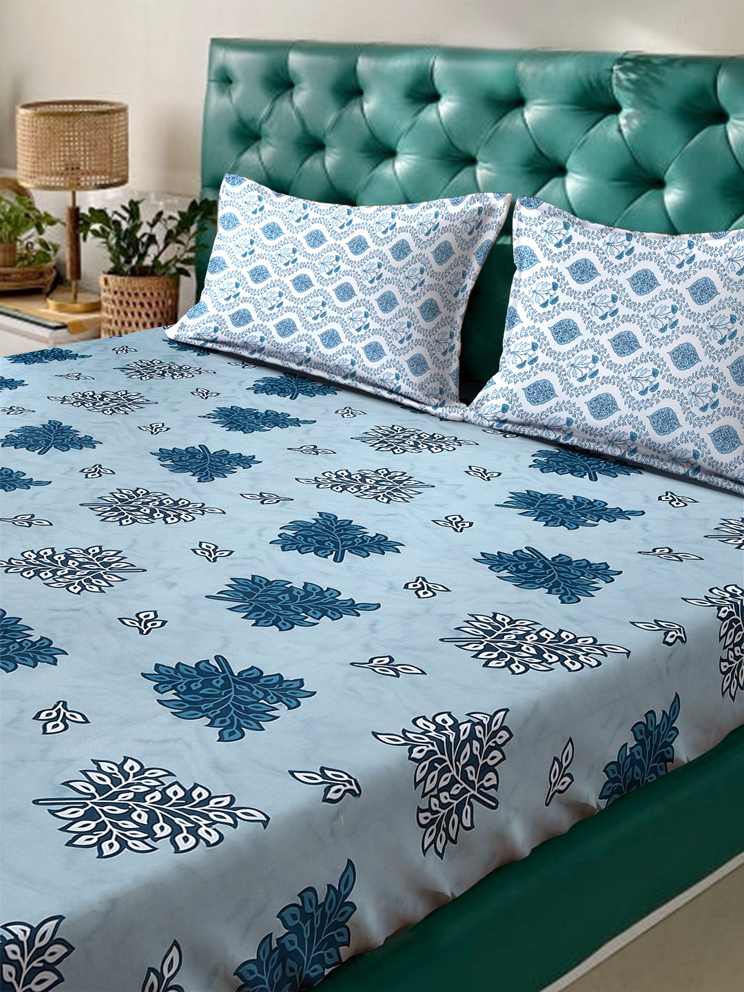 Blue Floral 400 TC Pure Cotton Double Bedsheet with 2 Pillow Covers