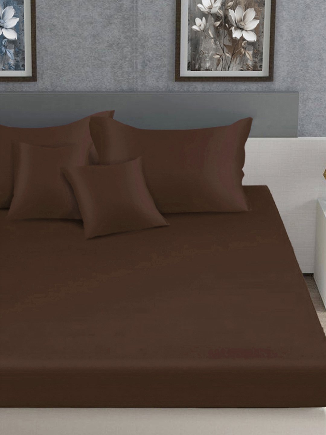Brown Solid 400 TC Satin Super King Double Bedsheet with 2 Pillow Covers & 2 Cushion Covers