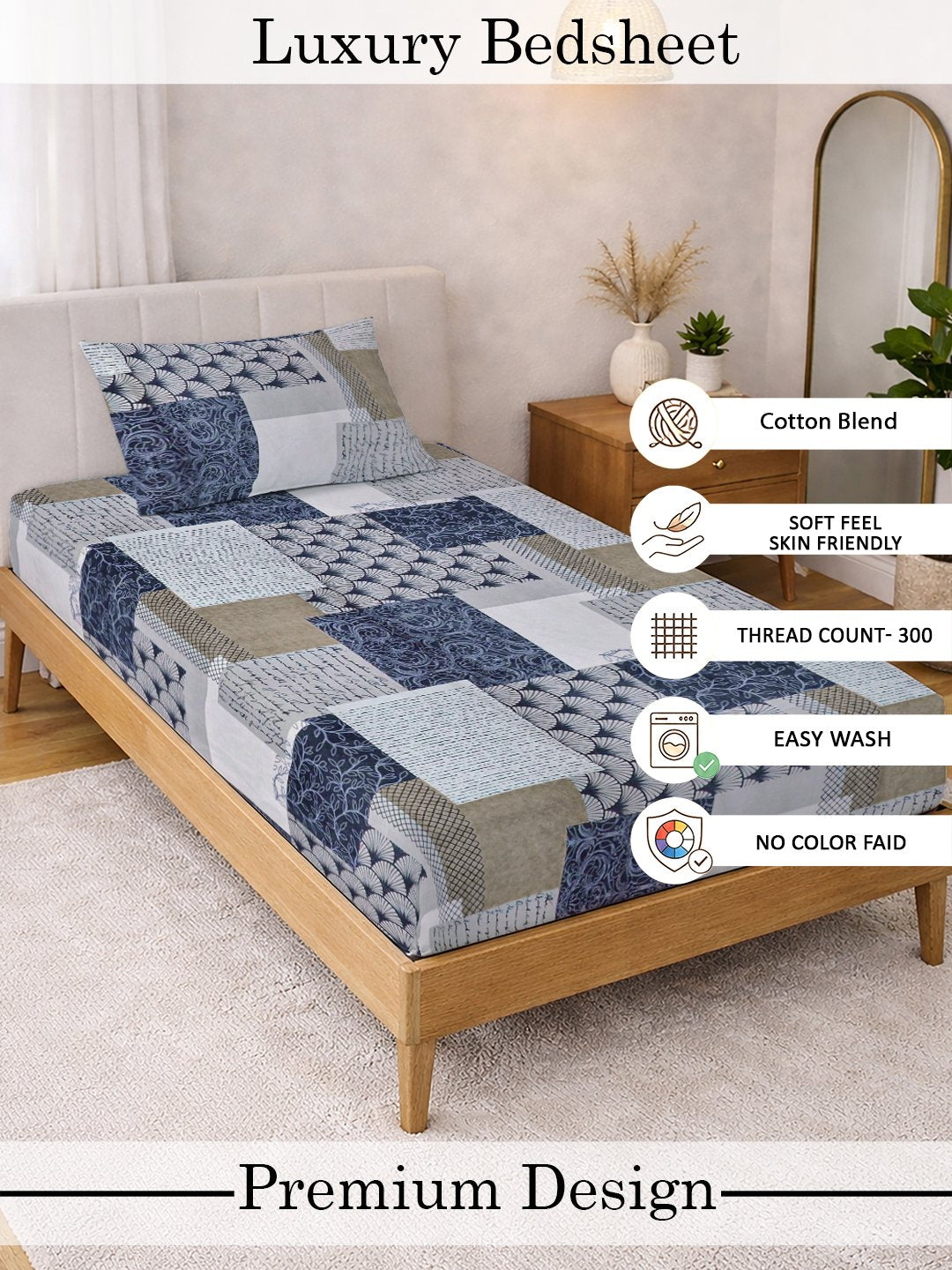 Multi Geometric Cotton Blend Fitted Single Bedsheet with Pillow Cover