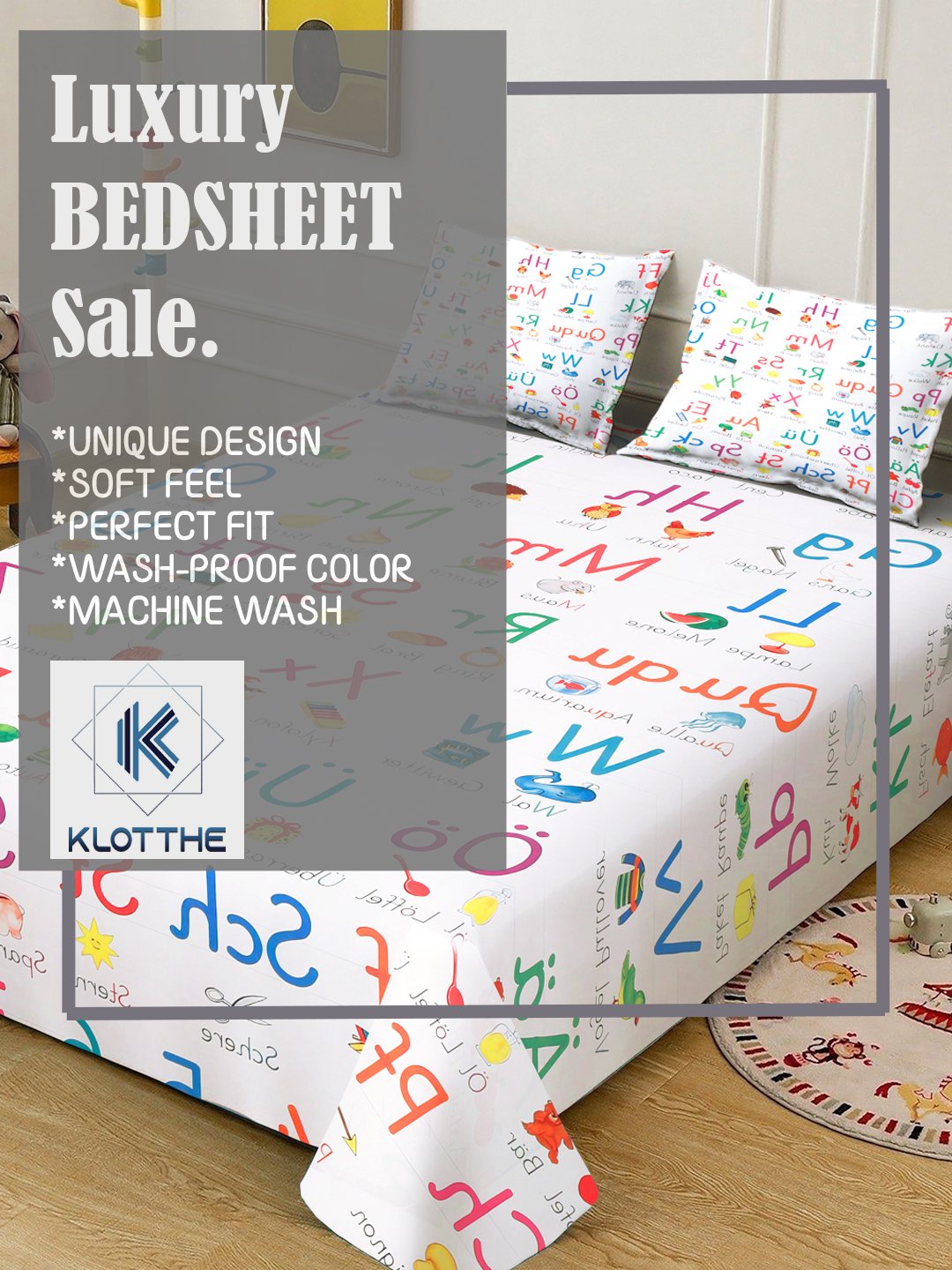 White Digital Cartoon Characters Printed Cotton Blend Double Bedsheet with 2 Pillow Covers