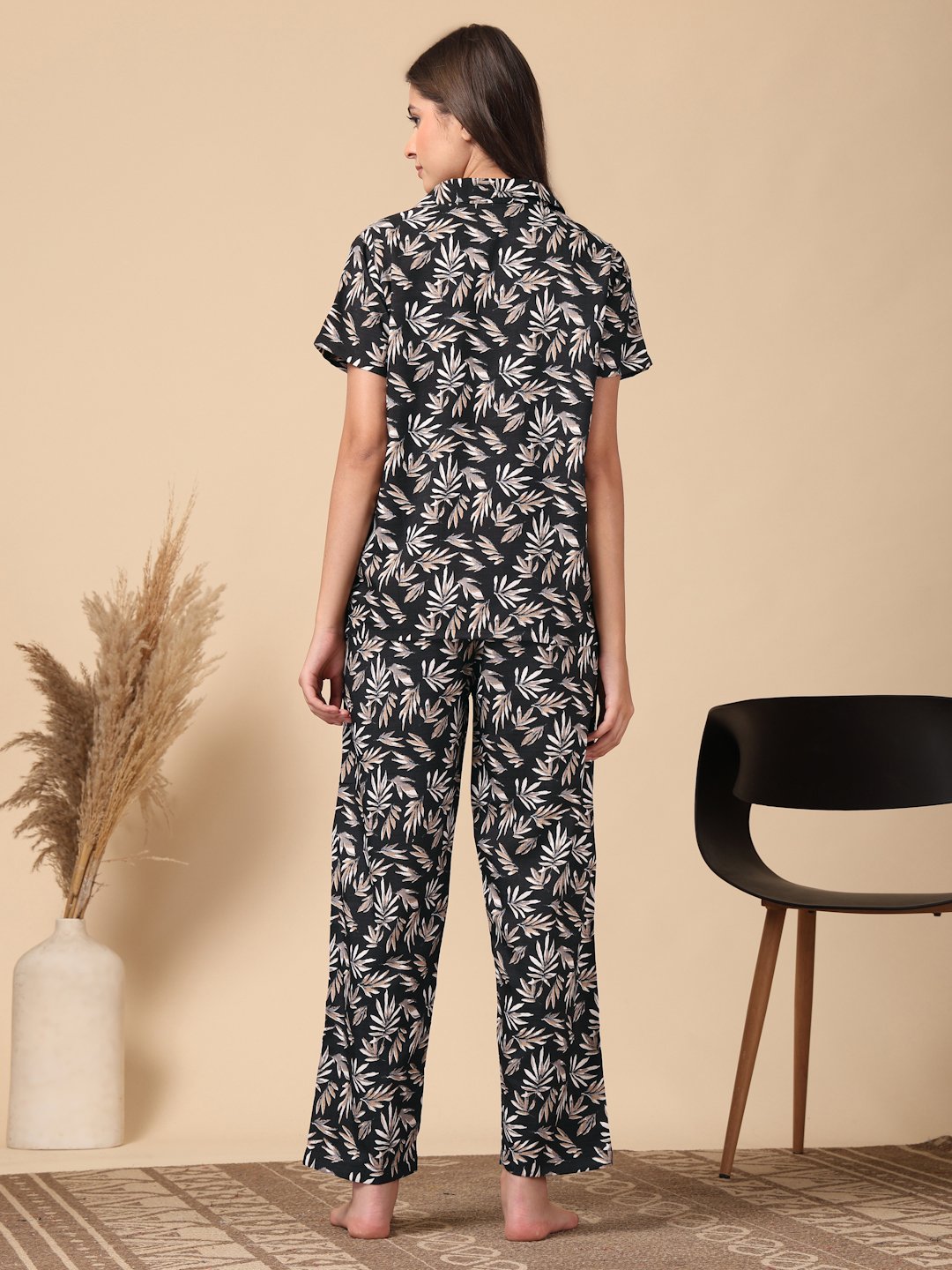 Black Floral Cotton Blend Women Night Suit