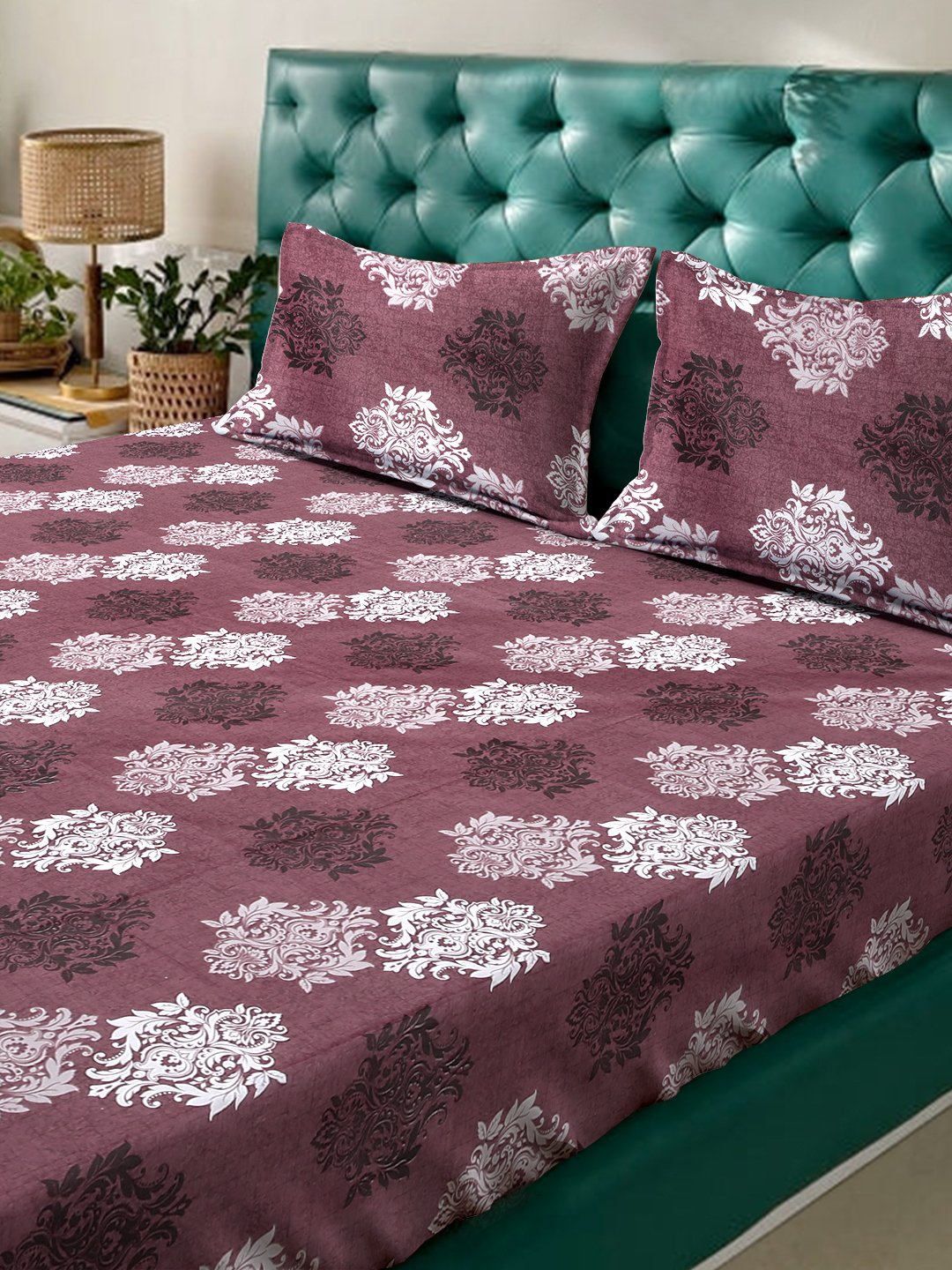 Maroon Floral 400 TC Pure Cotton Fitted Double Bedsheet with 2 Pillow Covers