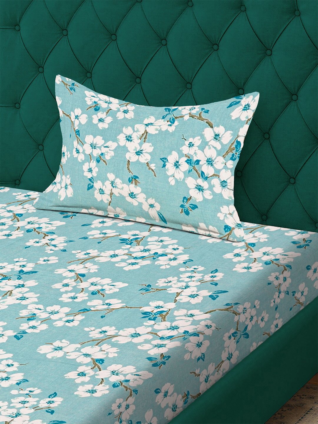 Green Floral 300 TC Cotton Blend Single Bedsheet with Pillow Cover