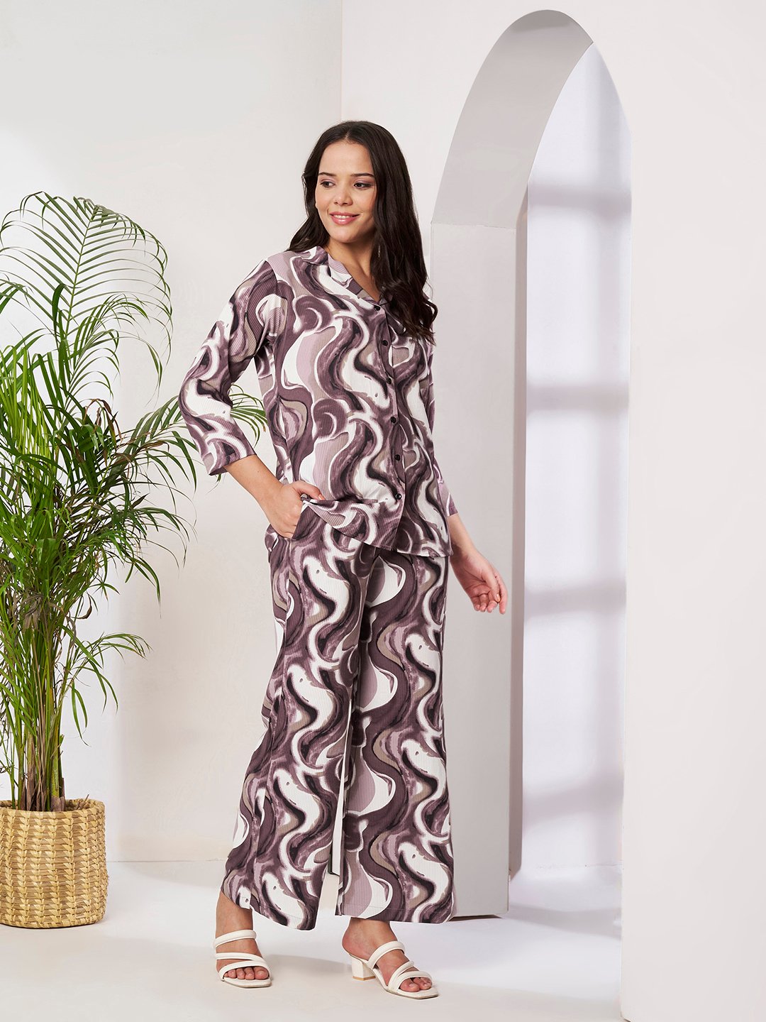 Wine Cotton Printed Shirt With Trousers Co-Ords Set