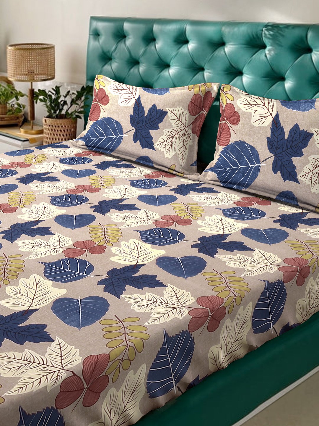 Brown Floral 300 TC Cotton Blend Double Bedsheet in Book Fold Packing