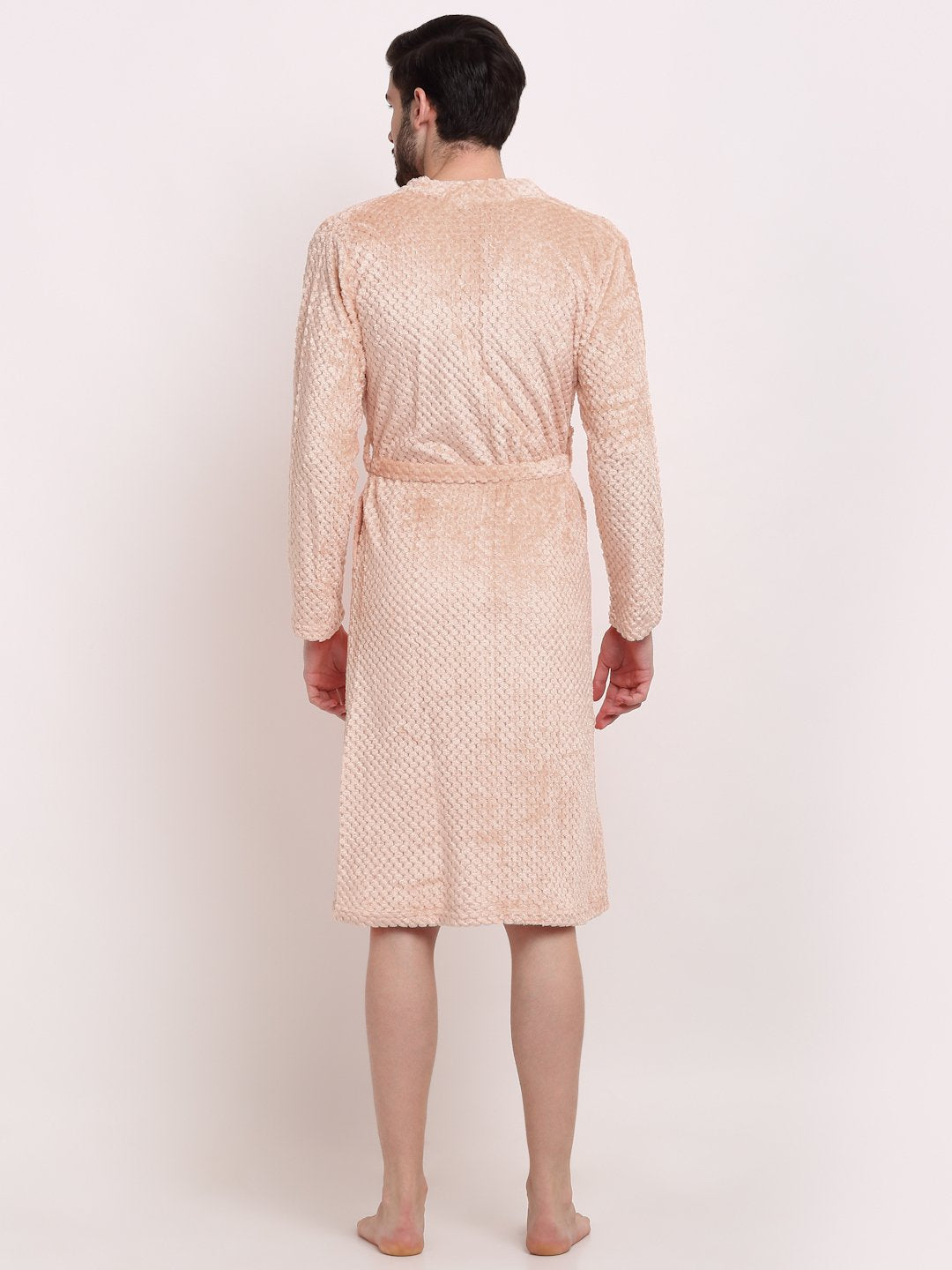 Men Peach Self Design Wool Bath Robe With Belt