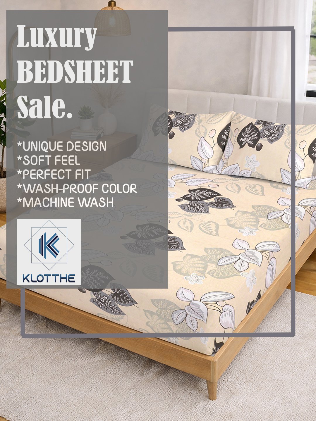Beige Floral Fitted Fitted Cotton Blend Double Bedsheet with 2 Pillow Covers