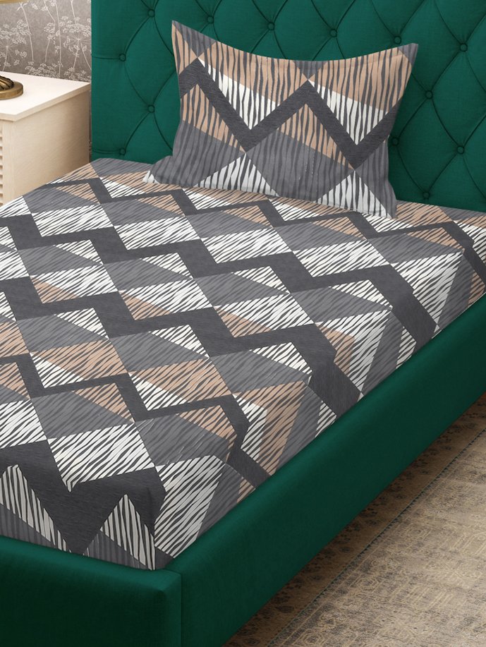 Grey Geometric 300 TC Cotton Blend Single Bedsheet with Pillow Cover