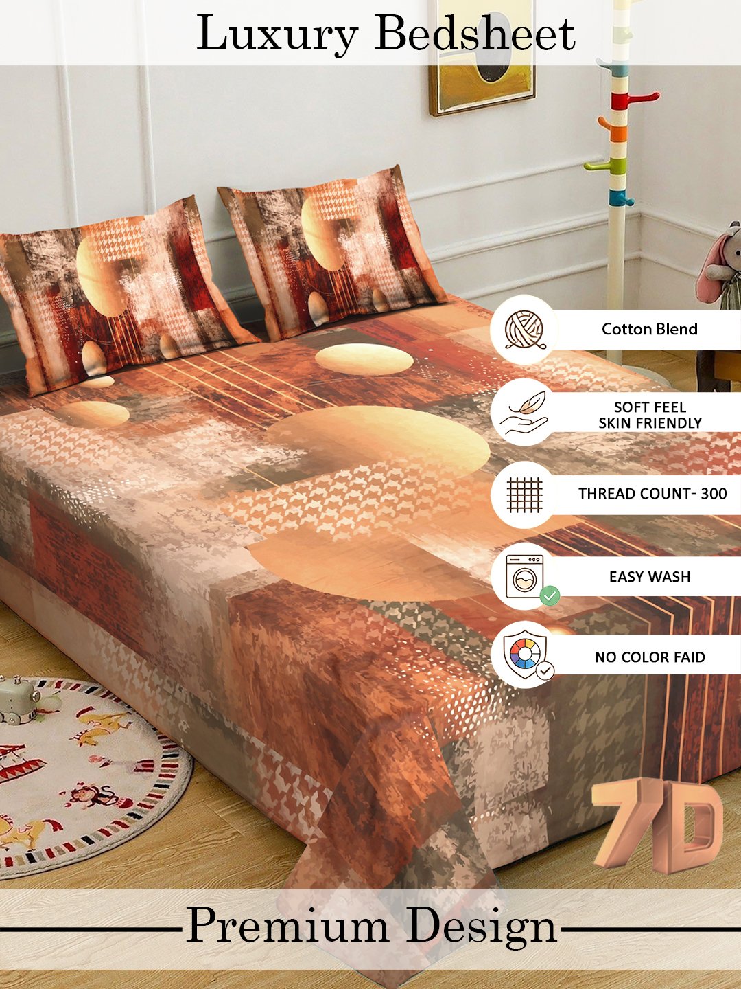 Brown Digital Geometric Printed Cotton Blend Double Bedsheet with 2 Pillow Covers