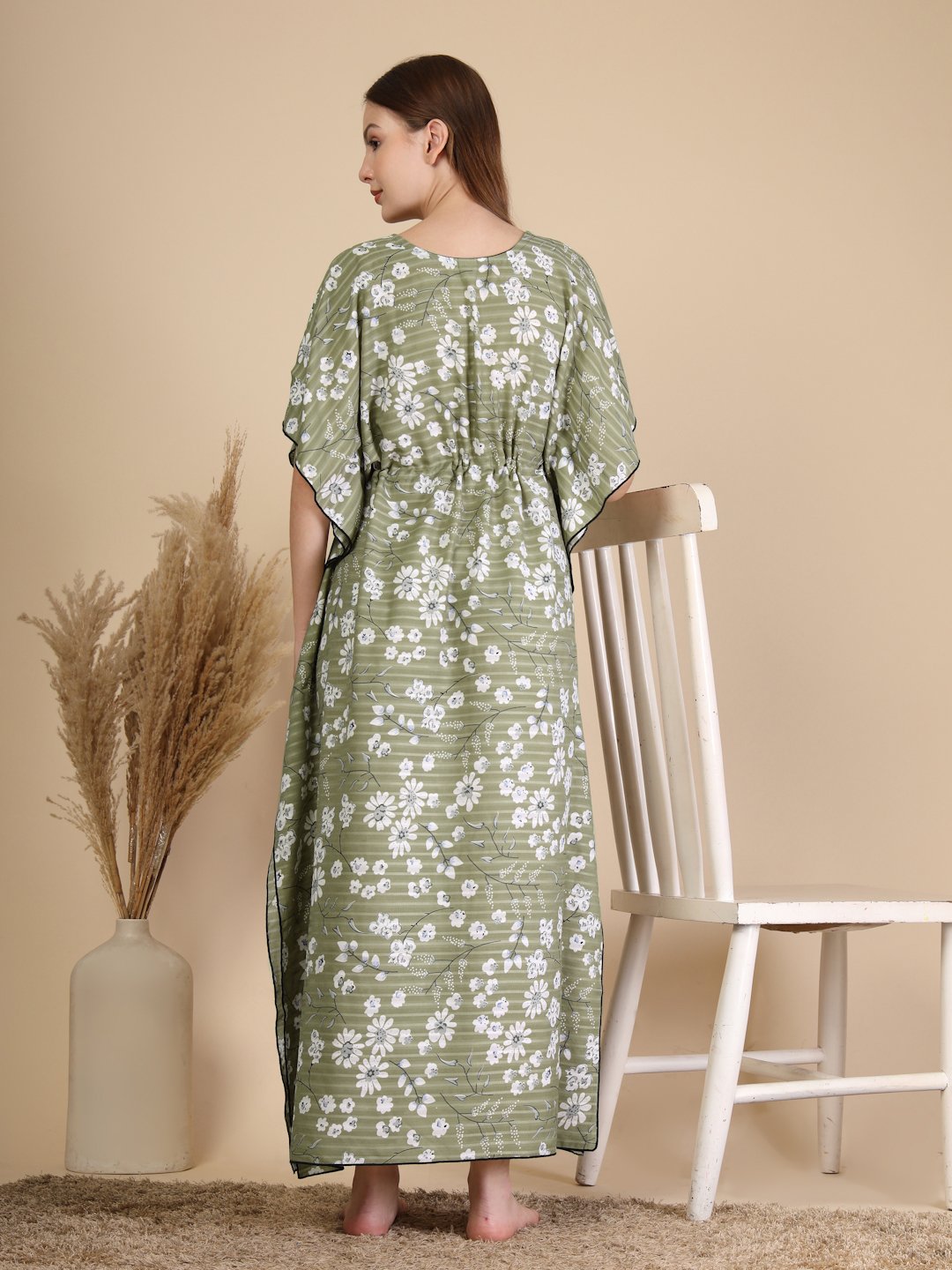 Olive Floral Cotton Blend Kaftan Maxi Nightdress