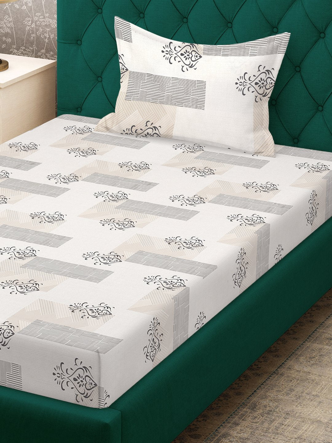 Cream Ethnic Motifs 300 TC Cotton Blend Single Bedsheet with Pillow Cover