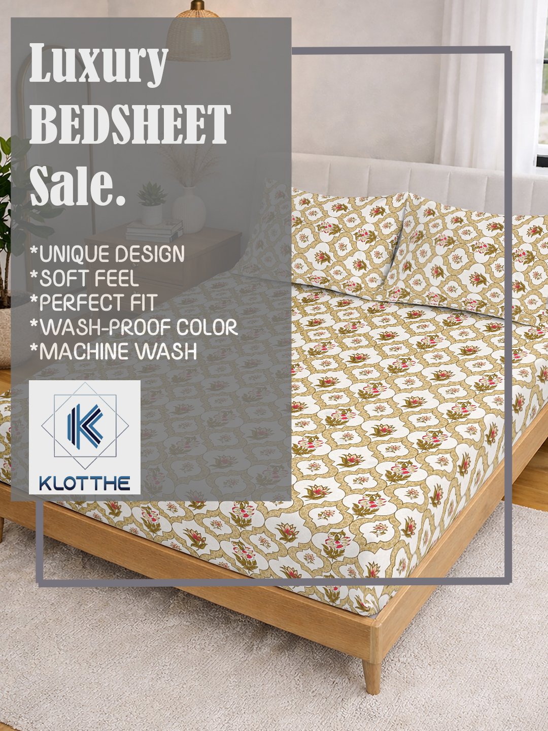 Yellow Floral Cotton Blend Fitted Double Bedsheet with 2 Pillow Covers