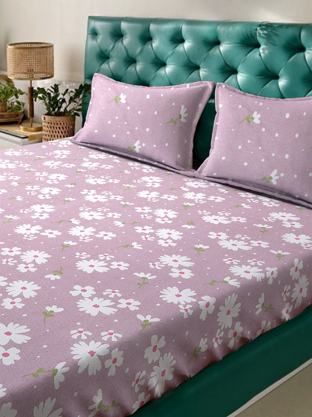 Purple Floral 300 TC Fitted Cotton Blend Double Bedsheet with 2 Pillow Covers