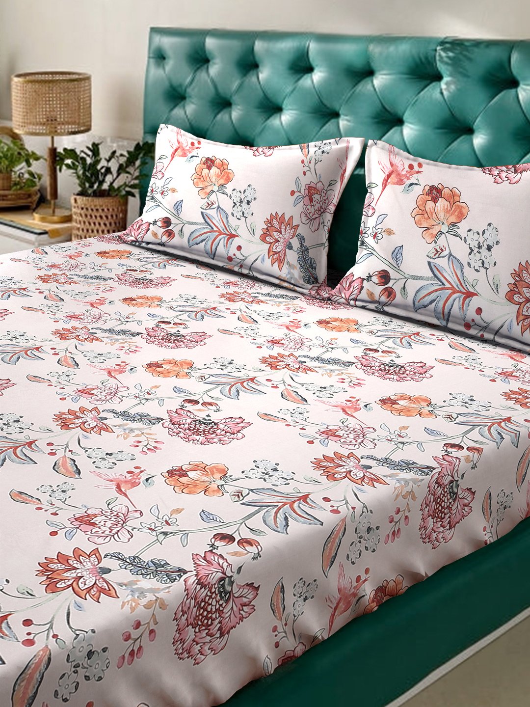 Multi Floral  300 TC Cotton Blend Double Bedsheet with 2 Pillow Covers