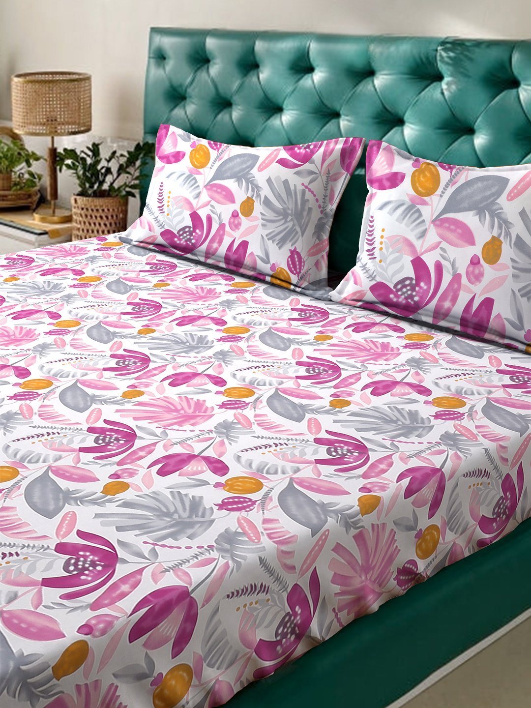 Book Fold Multi Floral 300 TC Cotton Blend Double Bedsheet with 2 Pillow Covers