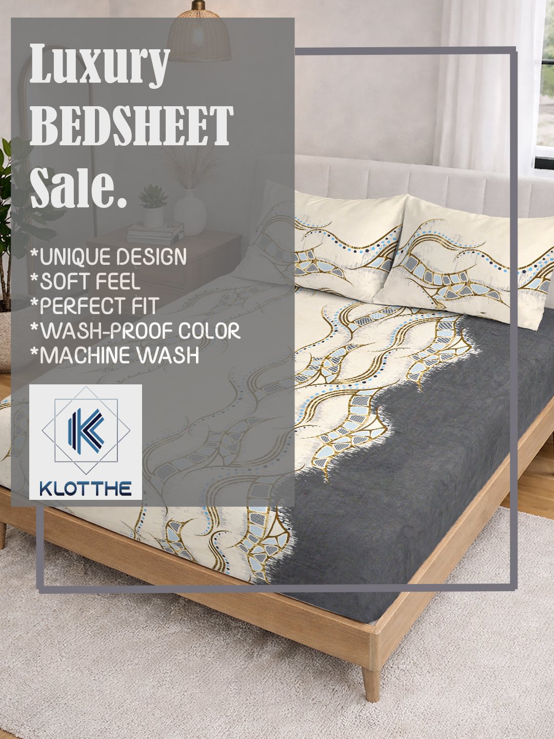 Cream Abstract Cotton Blend Fitted Double Bedsheet with 2 Pillow Covers