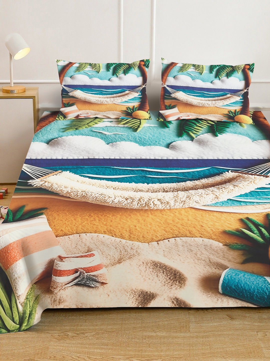 Multi 7D Abstract Printed Fitted Cotton Blend Double Bedsheet with 2 Pillow Covers