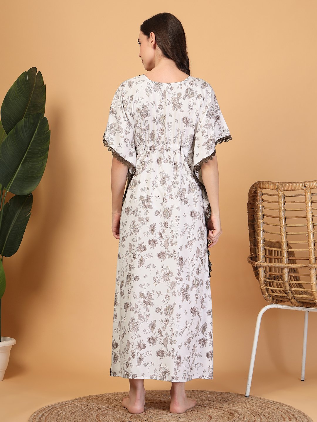 White Floral Cotton Blend Kaftan Maxi Nightdress