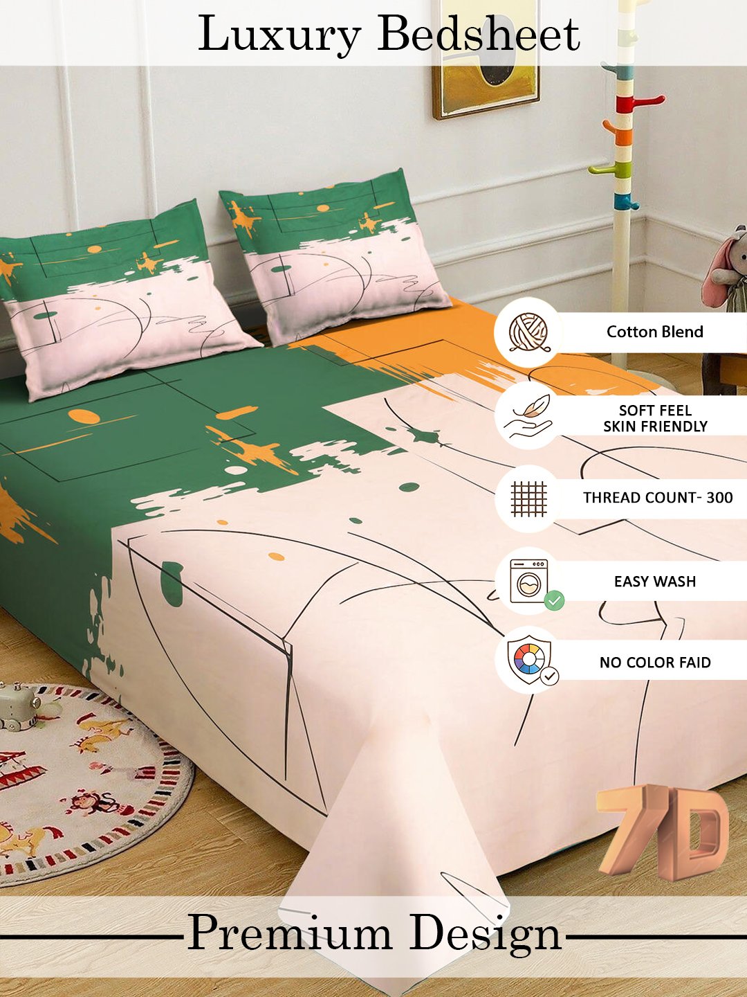 Cream Digital Geometric Printed Cotton Blend Double Bedsheet with 2 Pillow Covers