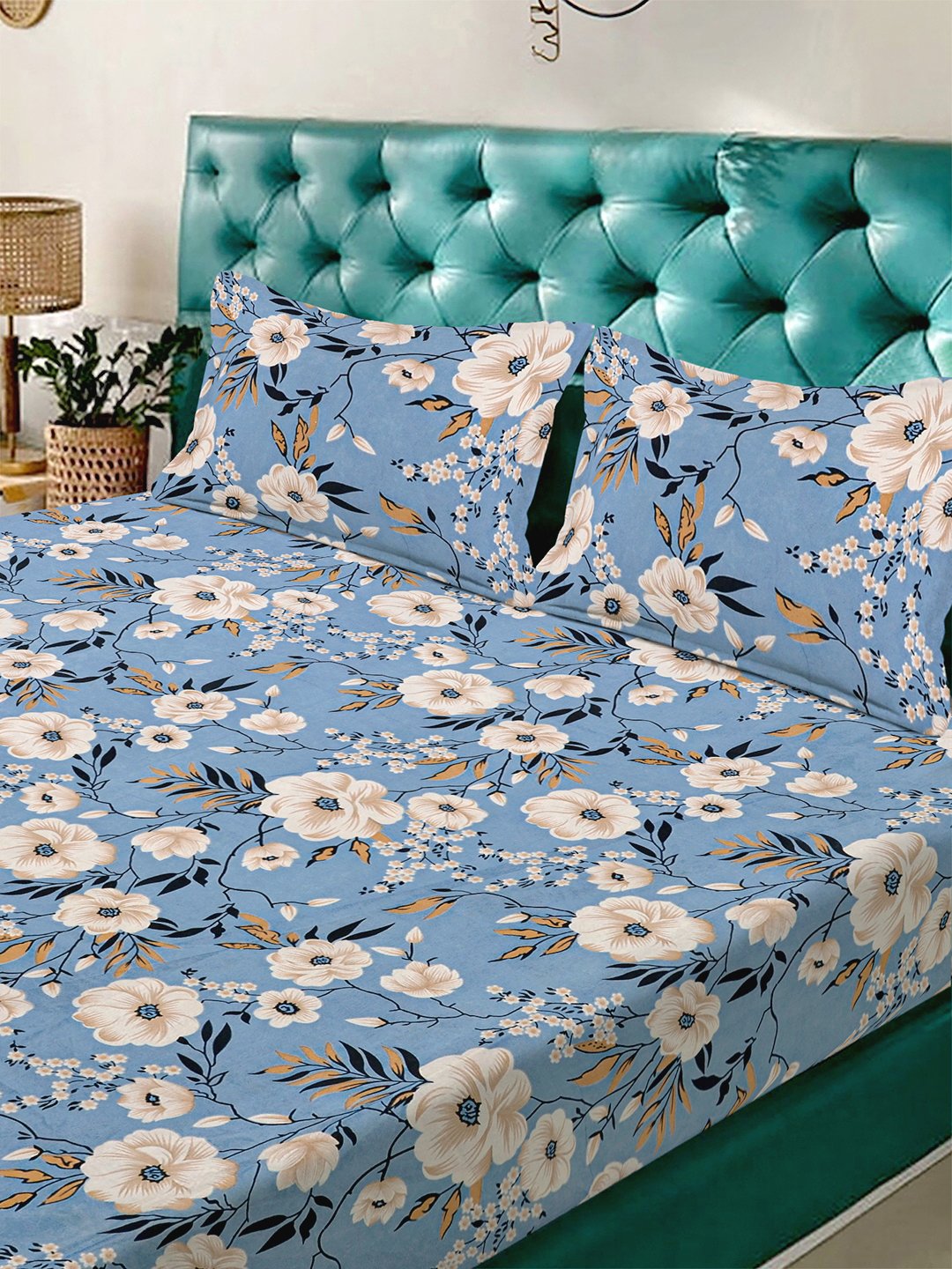 Blue Floral 300 TC Cotton Blend Double Bedsheet with 2 Pillow Covers