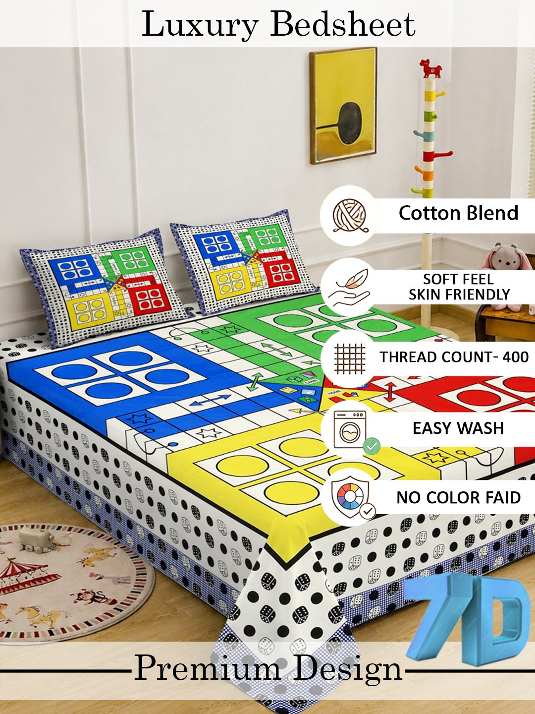 Digital Multi Geometric Cotton Blend Double Bedsheet with 2 Pillow Covers